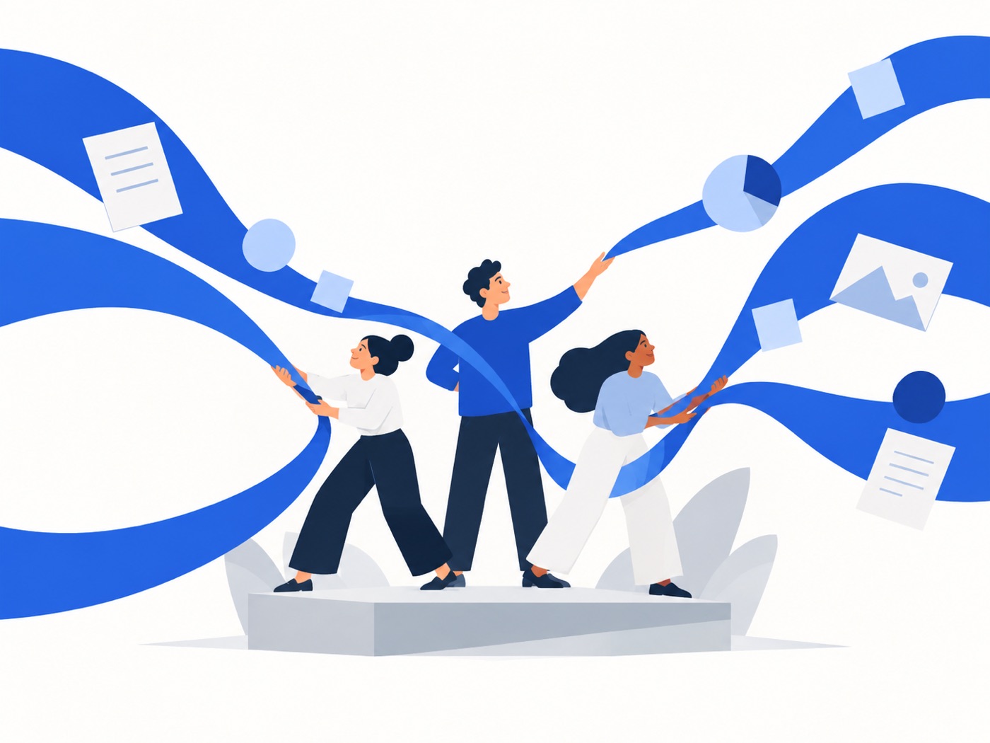 Three people pulling ribbons of documents and charts together into one flow of work.